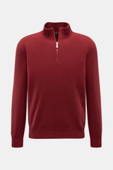 Gran Sasso Cashmere Troyer dunkelrot, Slim Fit, aus reinem Cashmere mit Troyerkragen, elastischen Rippbündchen, feinem Strickbild, von vorne fotografiert.