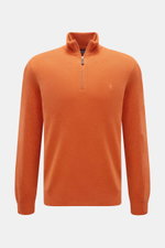 Polo Ralph Lauren Troyer orange, frontal fotografiert, Slim Fit, reine Wolle, weicher Griff, feines Strickbild, Rollkragen mit Reißverschluss, tonales Logo, elastische Rippbündchen.