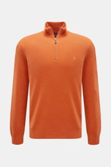 Polo Ralph Lauren Troyer orange, frontal fotografiert, Slim Fit, reine Wolle, weicher Griff, feines Strickbild, Rollkragen mit Reißverschluss, tonales Logo, elastische Rippbündchen.