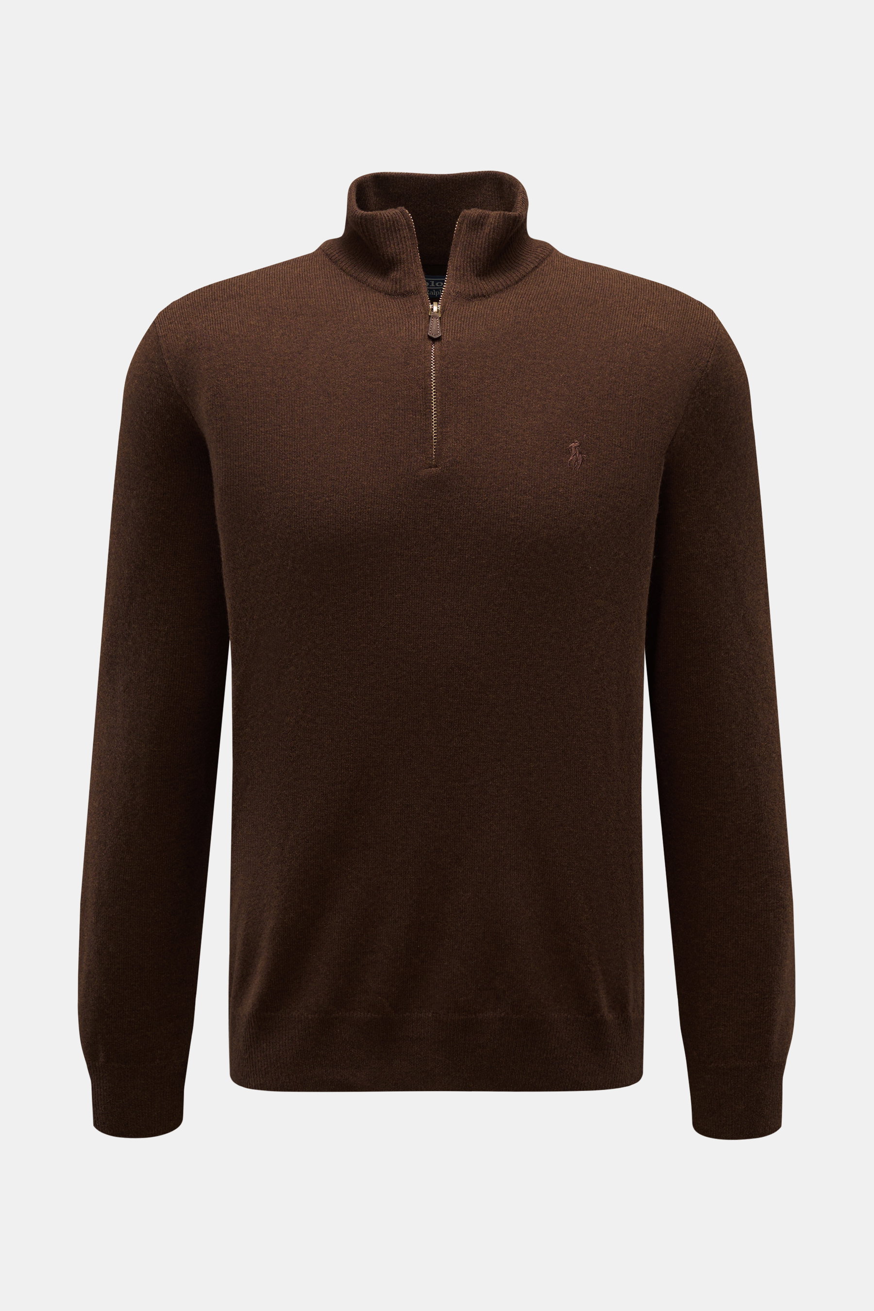 Polo Ralph Lauren Troyer dunkelbraun, Slim Fit, reine Wolle, weicher Griff, feines Strickbild, Rollkragen mit Reißverschluss, elastische Rippbündchen, frontale Ansicht.