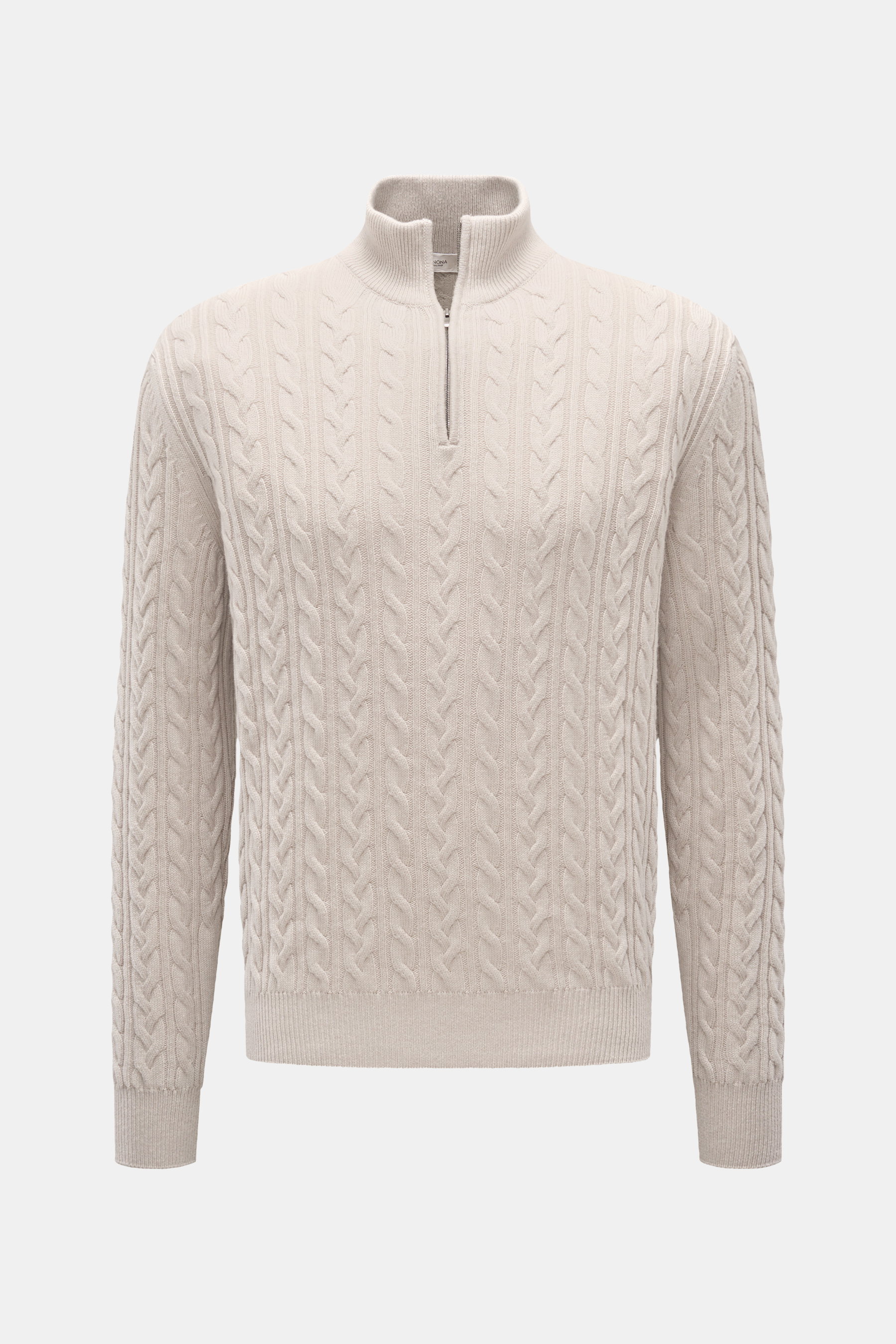 A front view of the Agnona Cashmere Troyer beige, a 100% cashmere pullover with a soft feel, fine cable knit pattern, regular fit, zip-up Troyer collar, ribbed cuffs, and a small metal logo, designed for casual, comfortable winter wear with versatile, tim