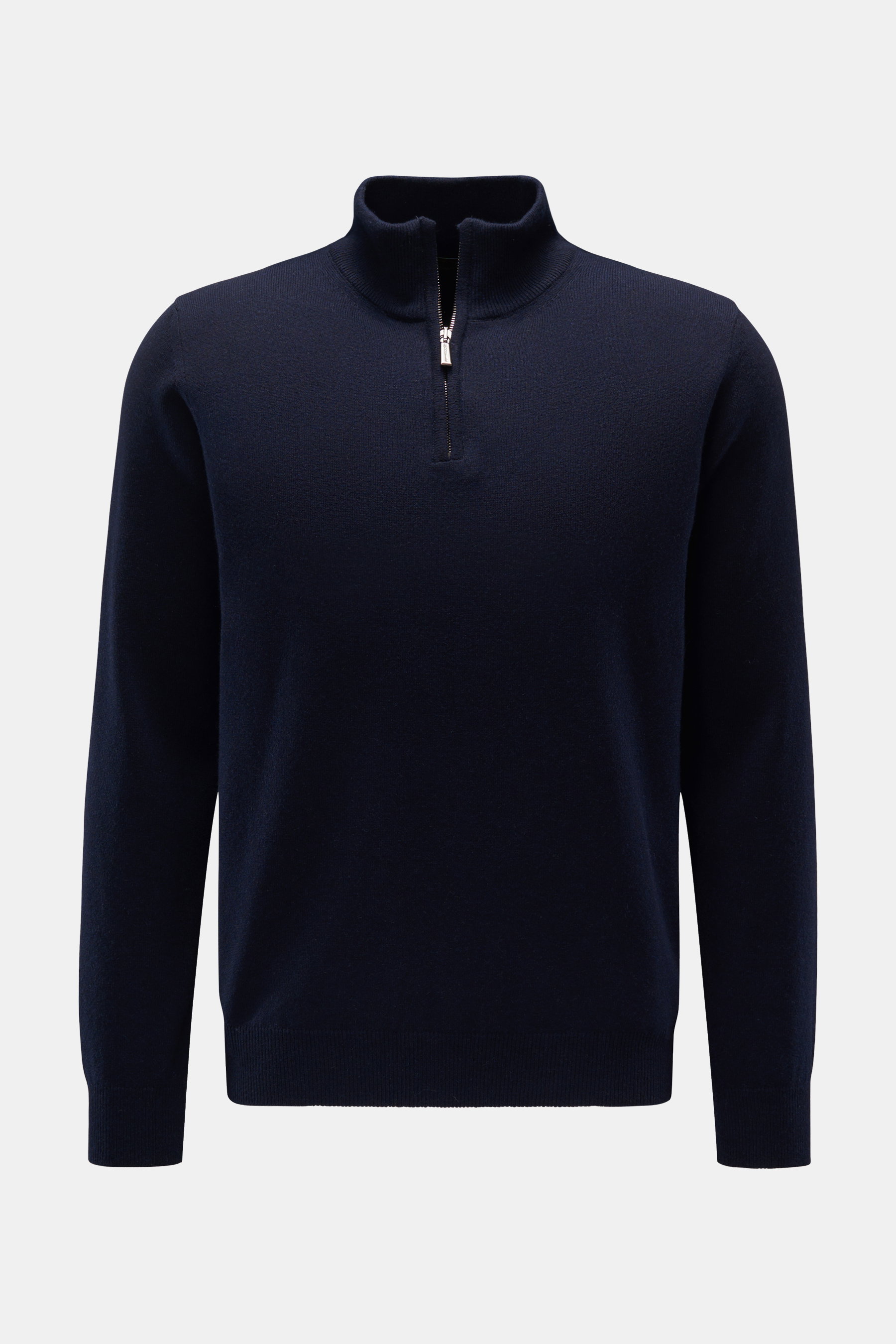 Moorer Troyer 'Terni' navy, frontale Ansicht, Regular Fit, Mix aus Cashmere und Seide, weicher Griff, feines Strickbild, Troyer Kragen mit Zipper, flexible Rippbündchen, Made in Italy.