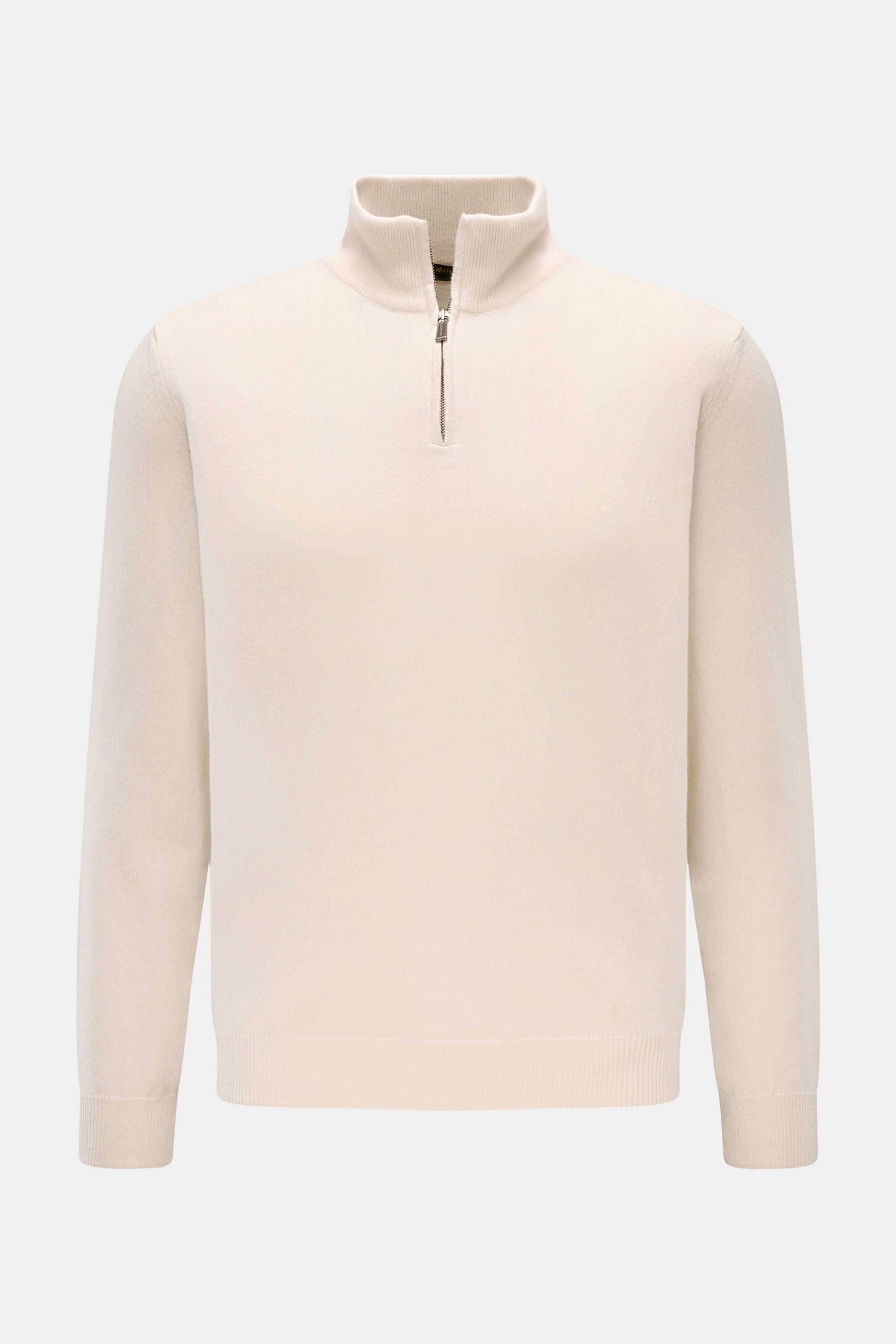 Moorer Troyer 'Terni' creme, frontal fotografiert, Slim Fit mit Troyer-Kragen, Zipper, weichem Cashmere-Seide-Mix, feinem Strickbild, flexiblen Rippbündchen.