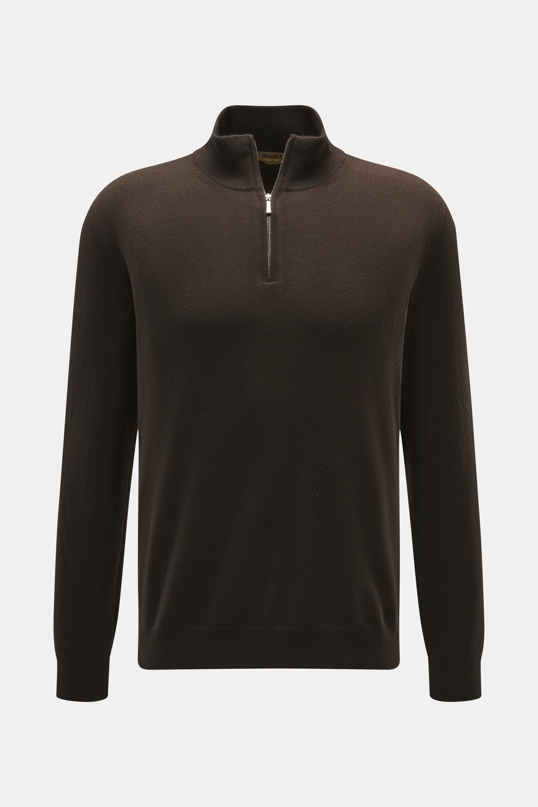 Front view of Moorer Cashmere troyer 'Terni-WY' dark brown in pure cashmere with soft feel, fine knit, slim fit, zipper collar, and rib cuffs.