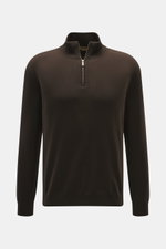 Front view of Moorer Cashmere troyer 'Terni-WY' dark brown in pure cashmere with soft feel, fine knit, slim fit, zipper collar, and rib cuffs.