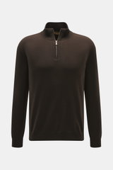 Front view of Moorer Cashmere troyer 'Terni-WY' dark brown in pure cashmere with soft feel, fine knit, slim fit, zipper collar, and rib cuffs.