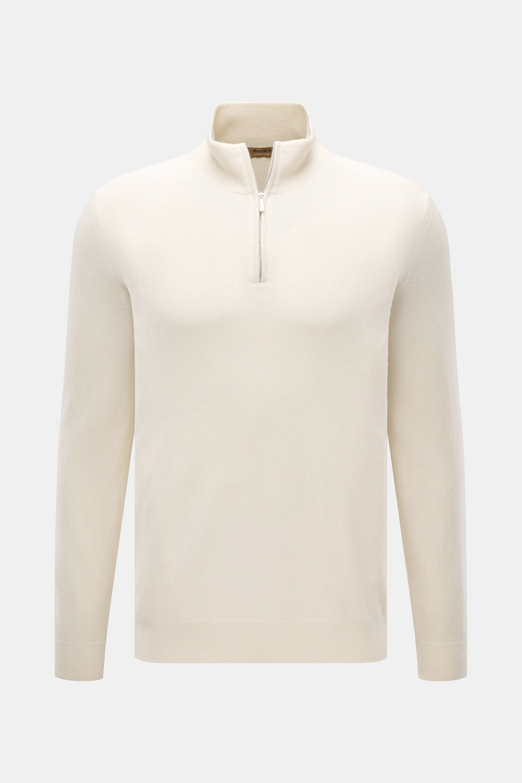 Front view of Moorer Cashmere troyer 'Terni-WY' cream, pure cashmere, soft feel, fine knit, slim fit, zipper collar, rib cuffs.