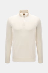 Front view of Moorer Cashmere troyer 'Terni-WY' cream, pure cashmere, soft feel, fine knit, slim fit, zipper collar, rib cuffs.