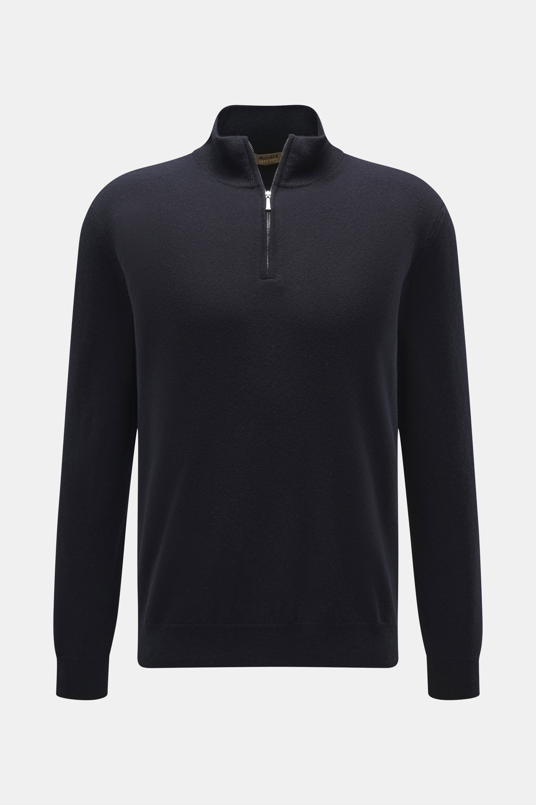Front view of Moorer Cashmere troyer 'Terni-WY' navy, showcasing pure cashmere, soft feel, fine knit, slim fit, troyer collar with zipper, and rib cuffs.