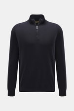 Front view of Moorer Cashmere troyer 'Terni-WY' navy, showcasing pure cashmere, soft feel, fine knit, slim fit, troyer collar with zipper, and rib cuffs.