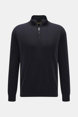 Front view of Moorer Cashmere troyer 'Terni-WY' navy, showcasing pure cashmere, soft feel, fine knit, slim fit, troyer collar with zipper, and rib cuffs.