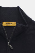 Close-up front view of the navy Moorer Cashmere troyer 'Terni-WY' featuring pure cashmere, soft feel, fine knit pattern, slim fit, typical troyer collar with zipper, and flexible rib cuffs. Luxurious comfort in perfection with exclusive cashmere and long 