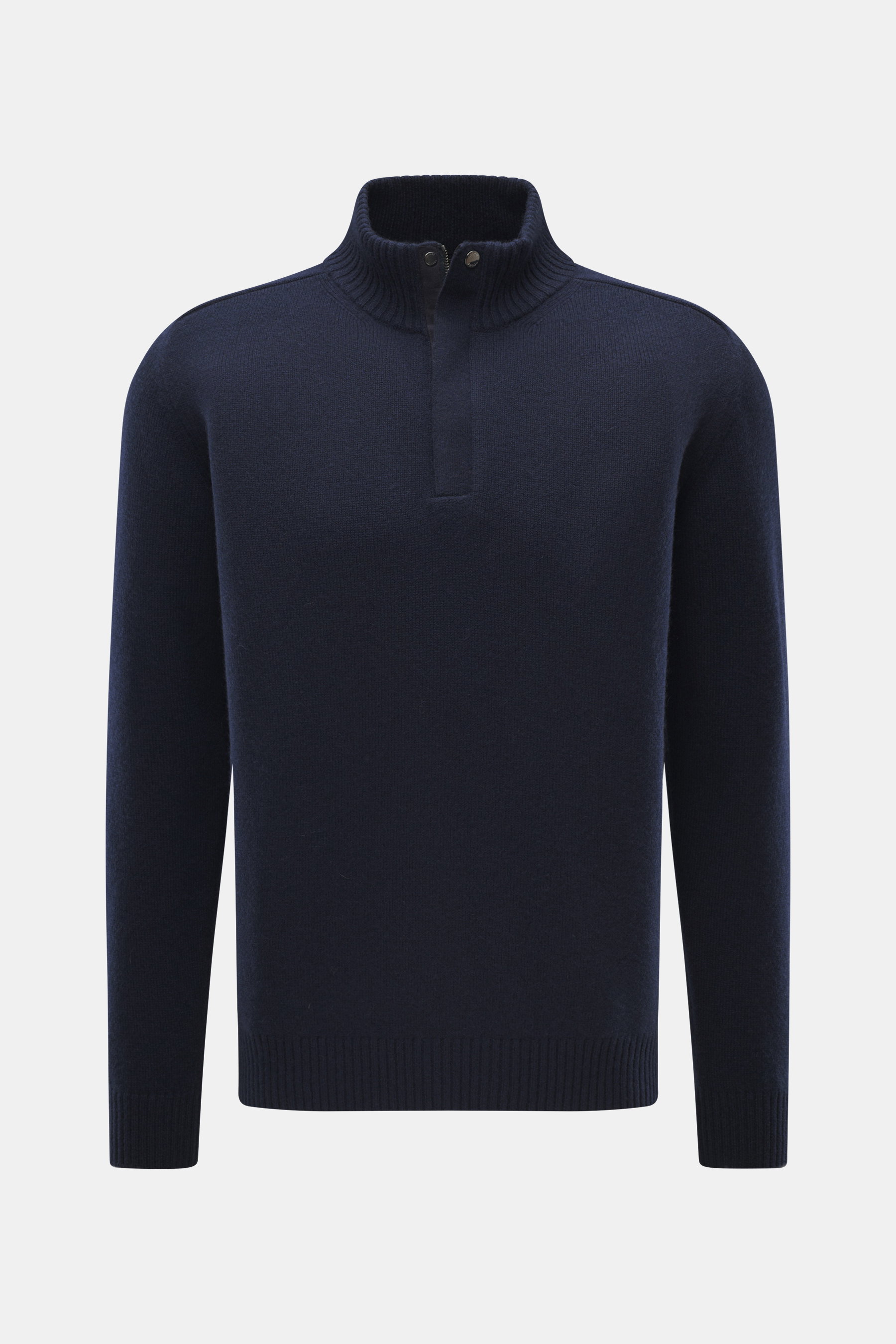 Moorer Quarter-zip jumper 'Pienza' navy, front view, slim fit with stand-up collar, velour leather zipper, ribbed cuffs, cashmere-wool blend.