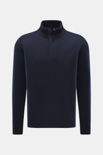 Moorer Quarter-zip jumper 'Pienza' navy, front view, slim fit with stand-up collar, velour leather zipper, ribbed cuffs, cashmere-wool blend.