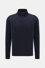 Moorer Quarter-zip jumper 'Pienza' navy, front view, slim fit with stand-up collar, velour leather zipper, ribbed cuffs, cashmere-wool blend.