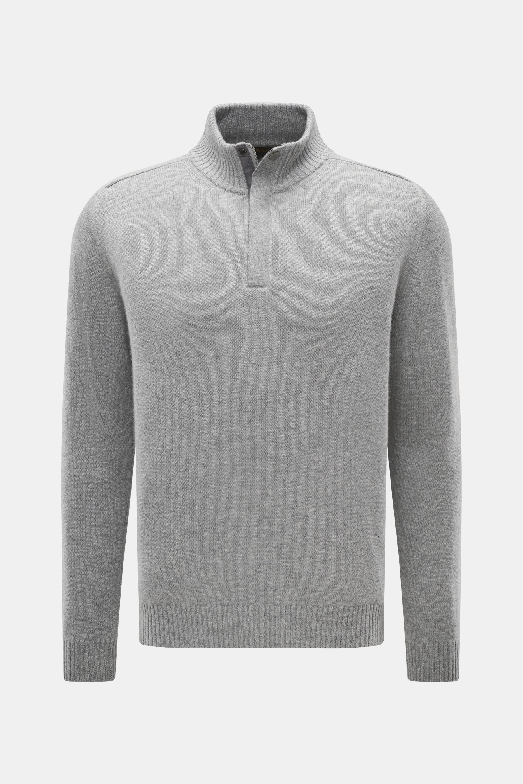Front view of Moorer Quarter-zip jumper 'Pienza' grey melange, soft cashmere-wool blend, slim fit, fine knit, stand-up collar, ribbed cuffs.