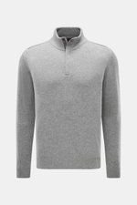 Front view of Moorer Quarter-zip jumper 'Pienza' grey melange, soft cashmere-wool blend, slim fit, fine knit, stand-up collar, ribbed cuffs.