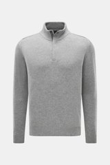 Front view of Moorer Quarter-zip jumper 'Pienza' grey melange, soft cashmere-wool blend, slim fit, fine knit, stand-up collar, ribbed cuffs.