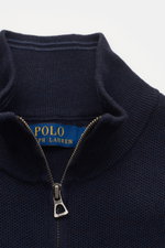 Close-up front view of Polo Ralph Lauren Troyer navy, featuring a zip-up Troyer collar, textured cotton knit, and tonal stitching.

Description: <p>Ein Essential für milde Tage: Der Troyer von POLO RALPH LAUREN überzeugt durch hochwertiges Baumwollmateria