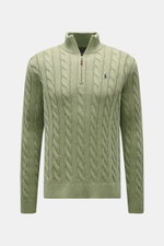 Polo Ralph Lauren Half-zip jumper mint green shown from the front, featuring a classic cable knit pattern, half-zip collar, ribbed bands, and contrasting polo player stitching on the chest. Perfect for cool evenings or a car ride with the top down: This c