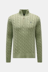 Polo Ralph Lauren Half-zip jumper mint green shown from the front, featuring a classic cable knit pattern, half-zip collar, ribbed bands, and contrasting polo player stitching on the chest. Perfect for cool evenings or a car ride with the top down: This c