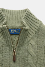 Polo Ralph Lauren Half-zip jumper mint green shown from a close-up top-down perspective, highlighting the cable knit pattern, half-zip collar with leather pull, and ribbed bands. <p>Perfect for cool evenings or a car ride with the top down: This cable kni