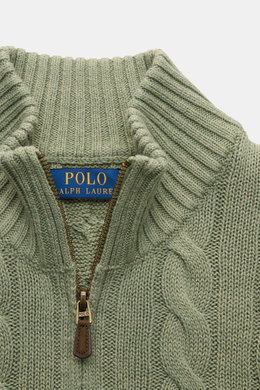 Polo Ralph Lauren Half-zip jumper mint green shown from a close-up top-down perspective, highlighting the cable knit pattern, half-zip collar with leather pull, and ribbed bands. <p>Perfect for cool evenings or a car ride with the top down: This cable kni