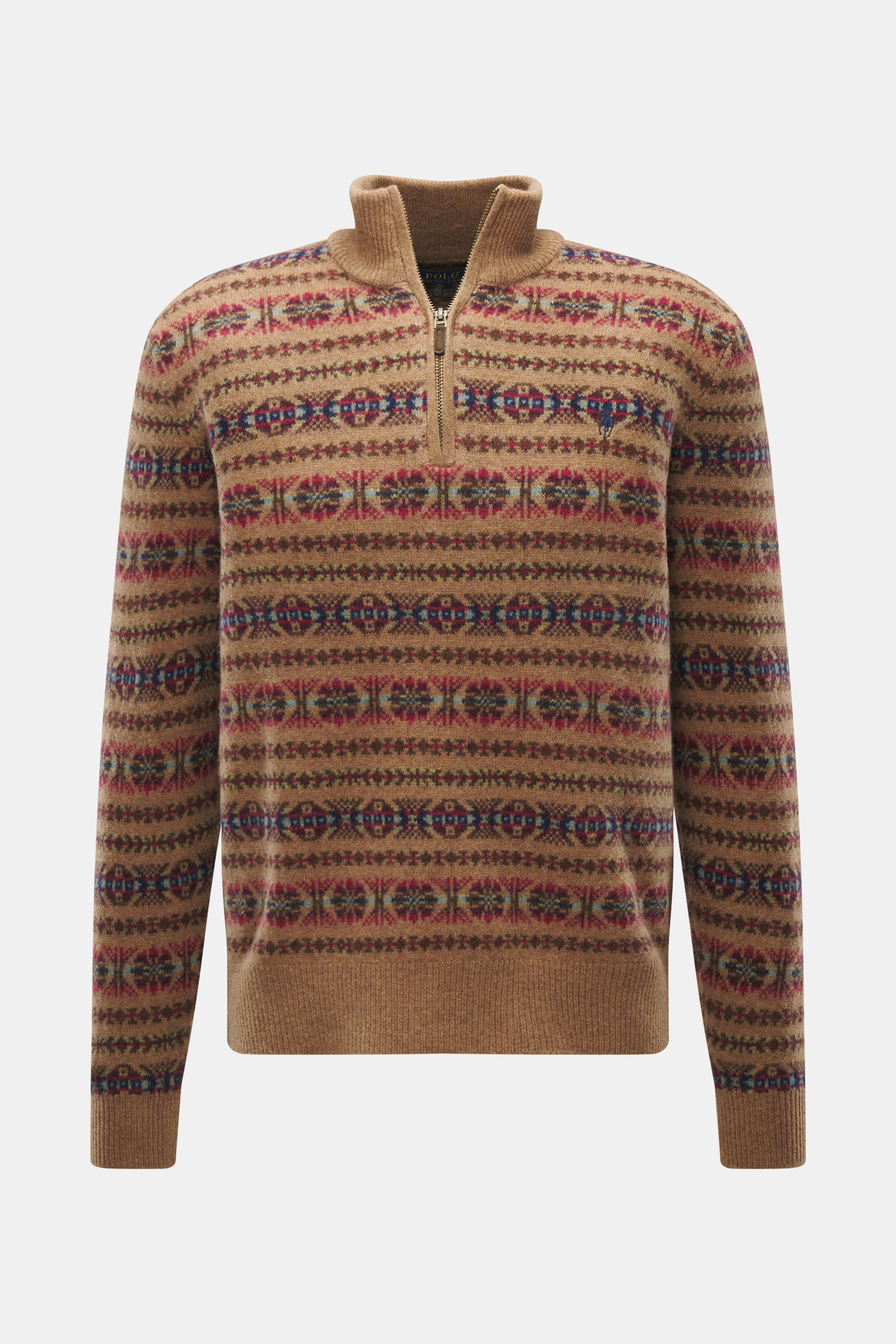 Polo Ralph Lauren Troyer hellbraun/multicolor gemustert, frontale Nahaufnahme, Intarsienstrick aus reiner Wolle, weicher Griff, Regular Fit, Troyer-Kragen mit Zipper, Polospieler-Stitching, elastische Rippbündchen.