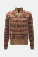 Polo Ralph Lauren Troyer hellbraun/multicolor gemustert, frontale Nahaufnahme, Intarsienstrick aus reiner Wolle, weicher Griff, Regular Fit, Troyer-Kragen mit Zipper, Polospieler-Stitching, elastische Rippbündchen.