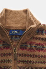 Polo Ralph Lauren Troyer hellbraun/multicolor gemustert, Nahaufnahme von oben, Intarsienstrick aus Wolle, weicher Griff, Regular Fit, Zipperkragen.