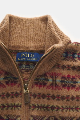 Polo Ralph Lauren Troyer hellbraun/multicolor gemustert, Nahaufnahme von oben, Intarsienstrick aus Wolle, weicher Griff, Regular Fit, Zipperkragen.