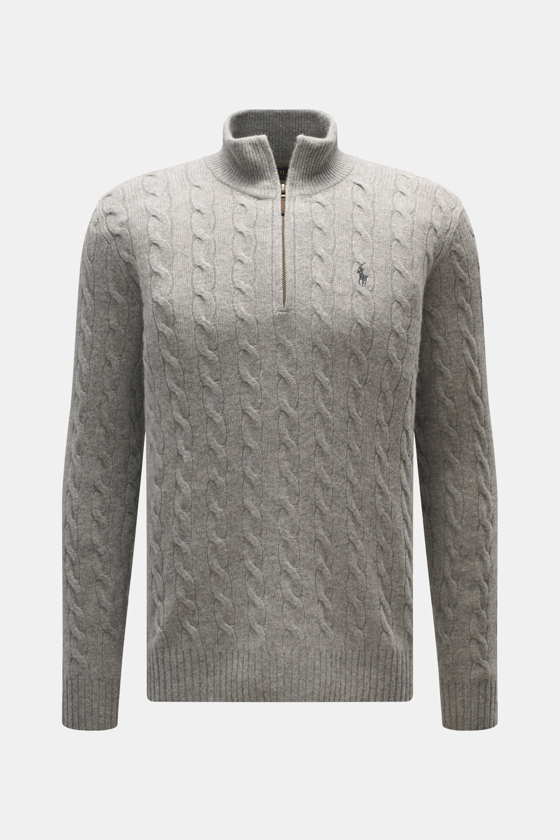 Front view of Polo Ralph Lauren Troyer gray with cable knit wool and cashmere, slim fit, zip collar, tonal logo, ribbed cuffs.

Description: <p>An essential for cool days: This Troyer by POLO RALPH LAUREN impresses with high-quality cable knit made of woo