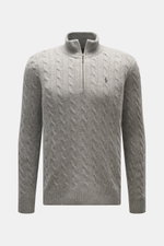 Front view of Polo Ralph Lauren Troyer gray with cable knit wool and cashmere, slim fit, zip collar, tonal logo, ribbed cuffs.

Description: <p>An essential for cool days: This Troyer by POLO RALPH LAUREN impresses with high-quality cable knit made of woo