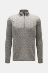 Front view of Polo Ralph Lauren Troyer gray with cable knit wool and cashmere, slim fit, zip collar, tonal logo, ribbed cuffs.

Description: <p>An essential for cool days: This Troyer by POLO RALPH LAUREN impresses with high-quality cable knit made of woo