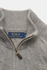 Close-up front view of Polo Ralph Lauren Troyer gray with ribbed Troyer collar, zipper, and medium-fine cable knit wool-cashmere blend.

Additional description:  
<p>An essential for cool days: This Troyer by POLO RALPH LAUREN impresses with high-quality 