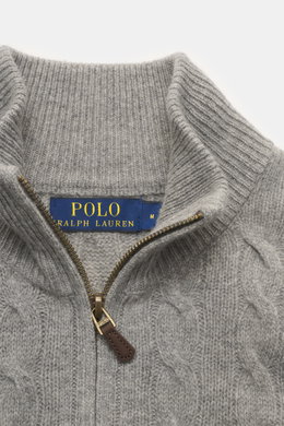 Close-up front view of Polo Ralph Lauren Troyer gray with ribbed Troyer collar, zipper, and medium-fine cable knit wool-cashmere blend.

Additional description:  
<p>An essential for cool days: This Troyer by POLO RALPH LAUREN impresses with high-quality 