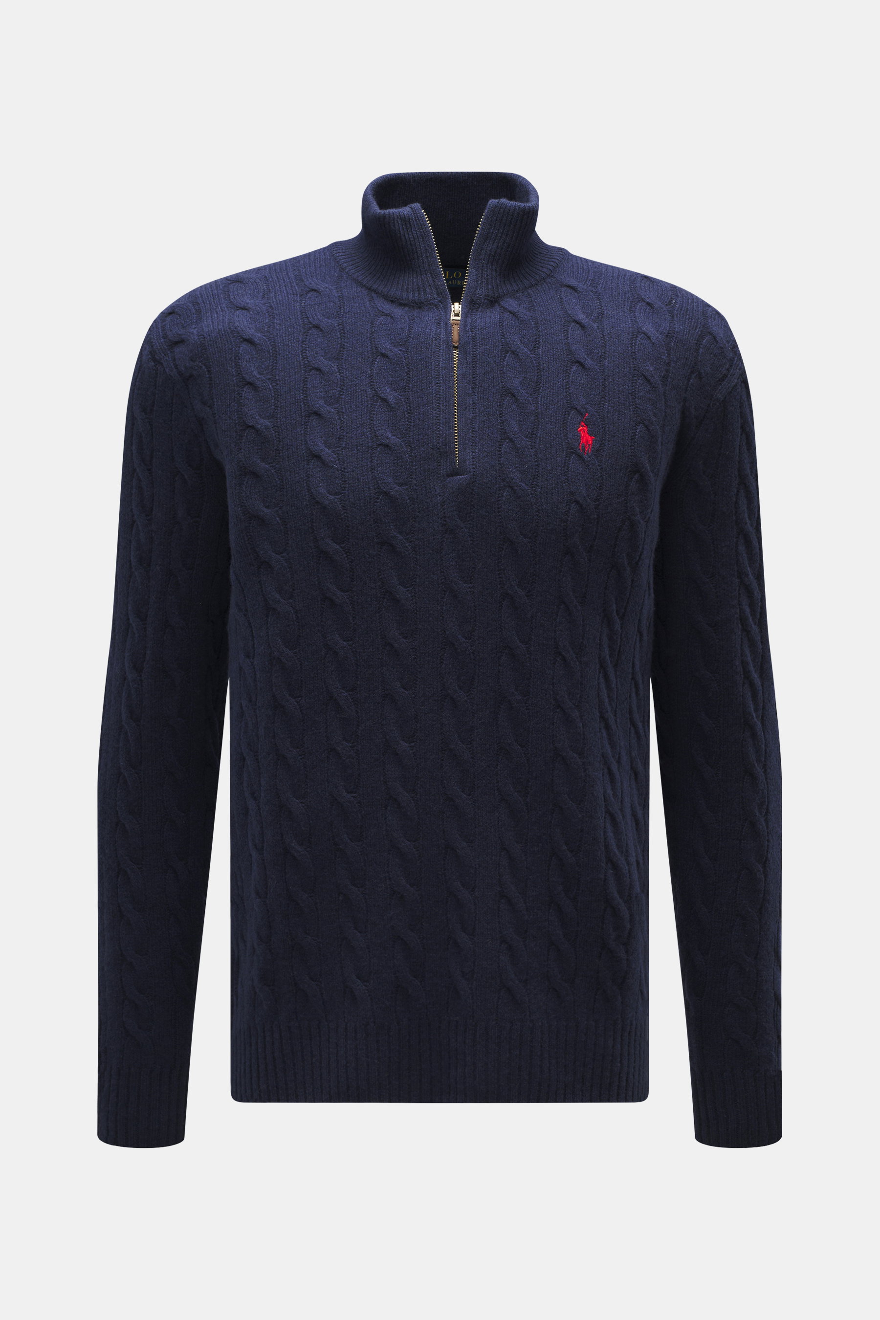 Front view of Polo Ralph Lauren Troyer navy cable knit sweater with zipper collar, tonal logo, and ribbed cuffs, slim fit.

<p>An essential for cool days: This Troyer by POLO RALPH LAUREN impresses with high-quality cable knit wool with cashmere and becom
