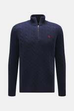 Front view of Polo Ralph Lauren Troyer navy cable knit sweater with zipper collar, tonal logo, and ribbed cuffs, slim fit.

<p>An essential for cool days: This Troyer by POLO RALPH LAUREN impresses with high-quality cable knit wool with cashmere and becom