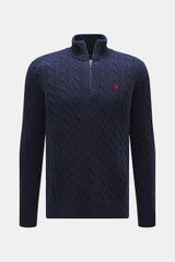Front view of Polo Ralph Lauren Troyer navy cable knit sweater with zipper collar, tonal logo, and ribbed cuffs, slim fit.

<p>An essential for cool days: This Troyer by POLO RALPH LAUREN impresses with high-quality cable knit wool with cashmere and becom
