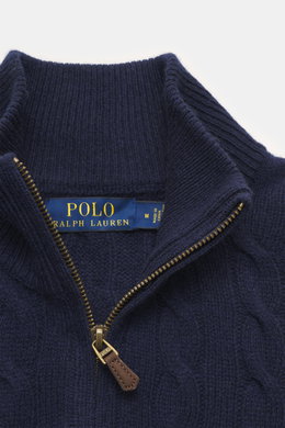 Close-up front view of Polo Ralph Lauren Troyer navy showcasing the high-quality cable knit wool with cashmere, slim fit, Troyer collar with zipper, and ribbed cuffs. An essential for cool days: This Troyer by POLO RALPH LAUREN impresses with high-quality