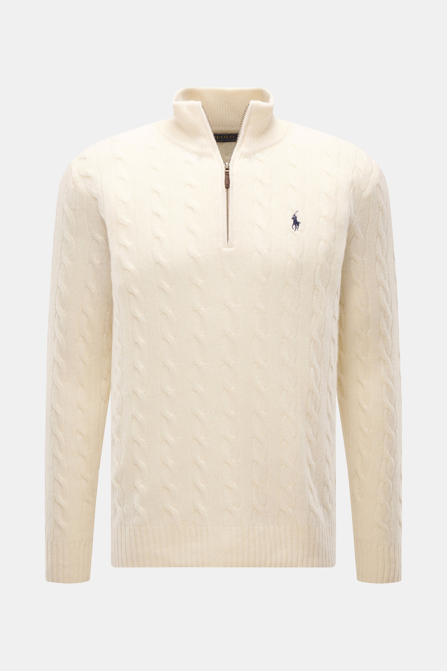 Polo Ralph Lauren Troyer creme im Slim Fit, Zopfstrick aus Wolle mit Cashmere, halber Reißverschluss, tonales Polospieler-Stitching, frontal fotografiert.