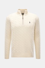Polo Ralph Lauren Troyer creme im Slim Fit, Zopfstrick aus Wolle mit Cashmere, halber Reißverschluss, tonales Polospieler-Stitching, frontal fotografiert.