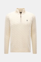 Polo Ralph Lauren Troyer creme im Slim Fit, Zopfstrick aus Wolle mit Cashmere, halber Reißverschluss, tonales Polospieler-Stitching, frontal fotografiert.