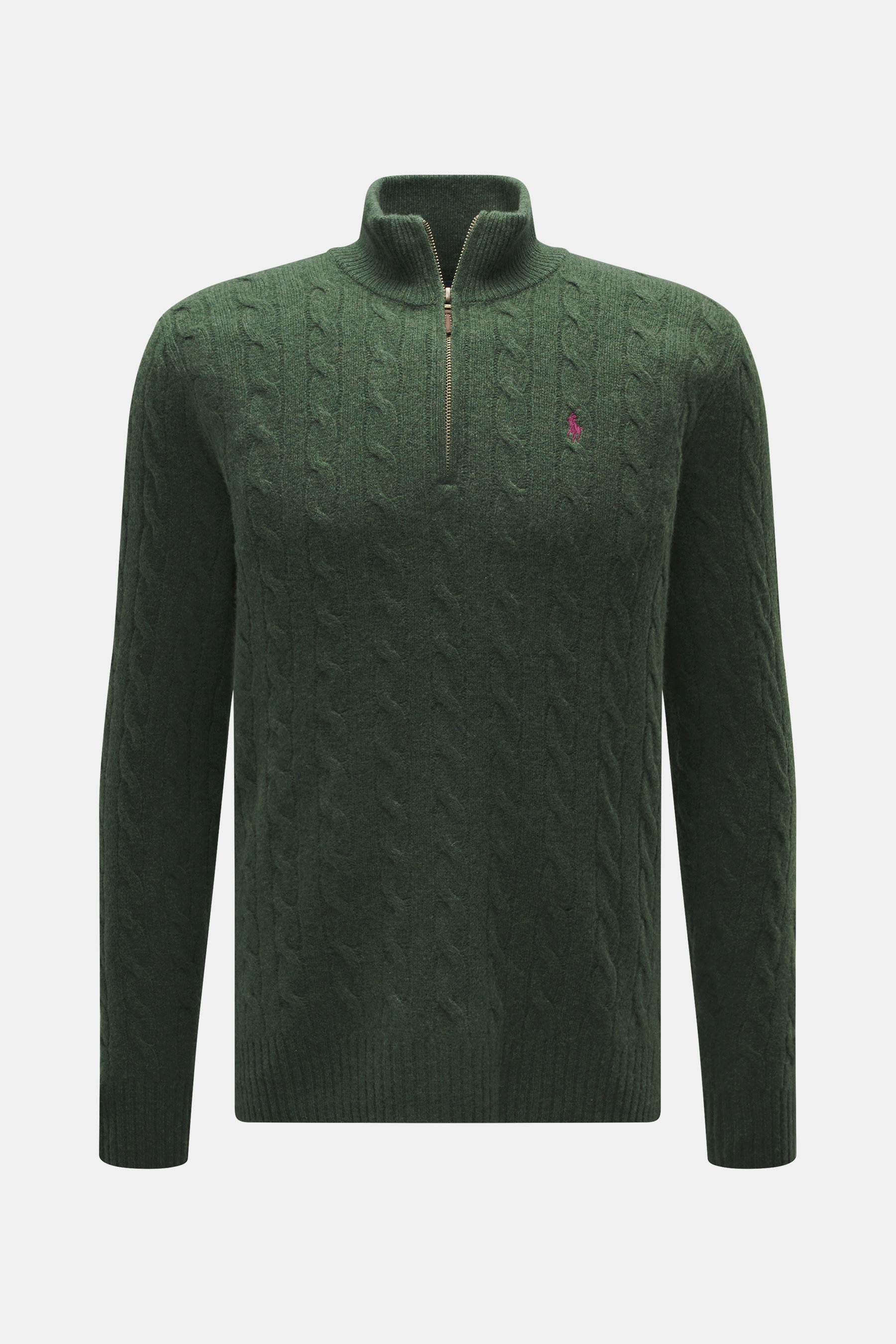 Front view of Polo Ralph Lauren Troyer dark green cable knit sweater with slim fit, Troyer collar zipper, tonal polo player stitching, and ribbed cuffs.

<p>An essential for cool days: This Troyer by POLO RALPH LAUREN impresses with high-quality cable kni
