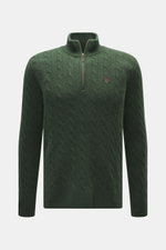 Front view of Polo Ralph Lauren Troyer dark green cable knit sweater with slim fit, Troyer collar zipper, tonal polo player stitching, and ribbed cuffs.

<p>An essential for cool days: This Troyer by POLO RALPH LAUREN impresses with high-quality cable kni