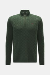 Front view of Polo Ralph Lauren Troyer dark green cable knit sweater with slim fit, Troyer collar zipper, tonal polo player stitching, and ribbed cuffs.

<p>An essential for cool days: This Troyer by POLO RALPH LAUREN impresses with high-quality cable kni
