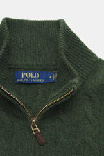 Close-up front view of Polo Ralph Lauren Troyer dark green with ribbed Troyer collar, zipper, and visible brand label.

<p>An essential for cool days: This Troyer by POLO RALPH LAUREN impresses with high-quality cable knit made from wool with cashmere and