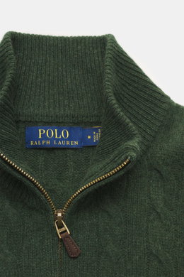 Close-up front view of Polo Ralph Lauren Troyer dark green with ribbed Troyer collar, zipper, and visible brand label.

<p>An essential for cool days: This Troyer by POLO RALPH LAUREN impresses with high-quality cable knit made from wool with cashmere and