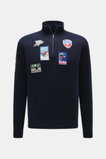 Front view of MC2 Saint Barth Quarter-zip jumper 'Buck' navy, pure wool with soft feel, medium coarse knit, ski motif patches, regular fit, stand up collar with zipper, and ribbed cuffs.