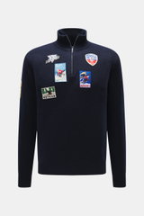 Front view of MC2 Saint Barth Quarter-zip jumper 'Buck' navy, pure wool with soft feel, medium coarse knit, ski motif patches, regular fit, stand up collar with zipper, and ribbed cuffs.